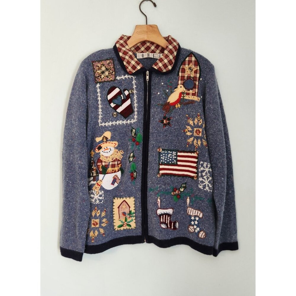 OHI Folk Christmas Sweater Full Zip Country Birds Patriotic US Flag Large EUC - Picture 2 of 16